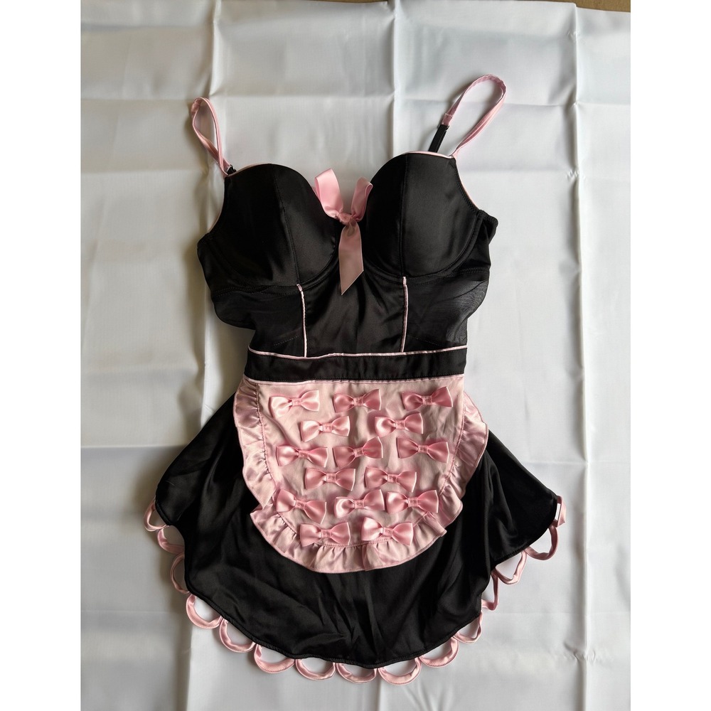 Vintage Y2K Victoria's Secret Babydoll 36B Black Pink French Maid Costume Bows